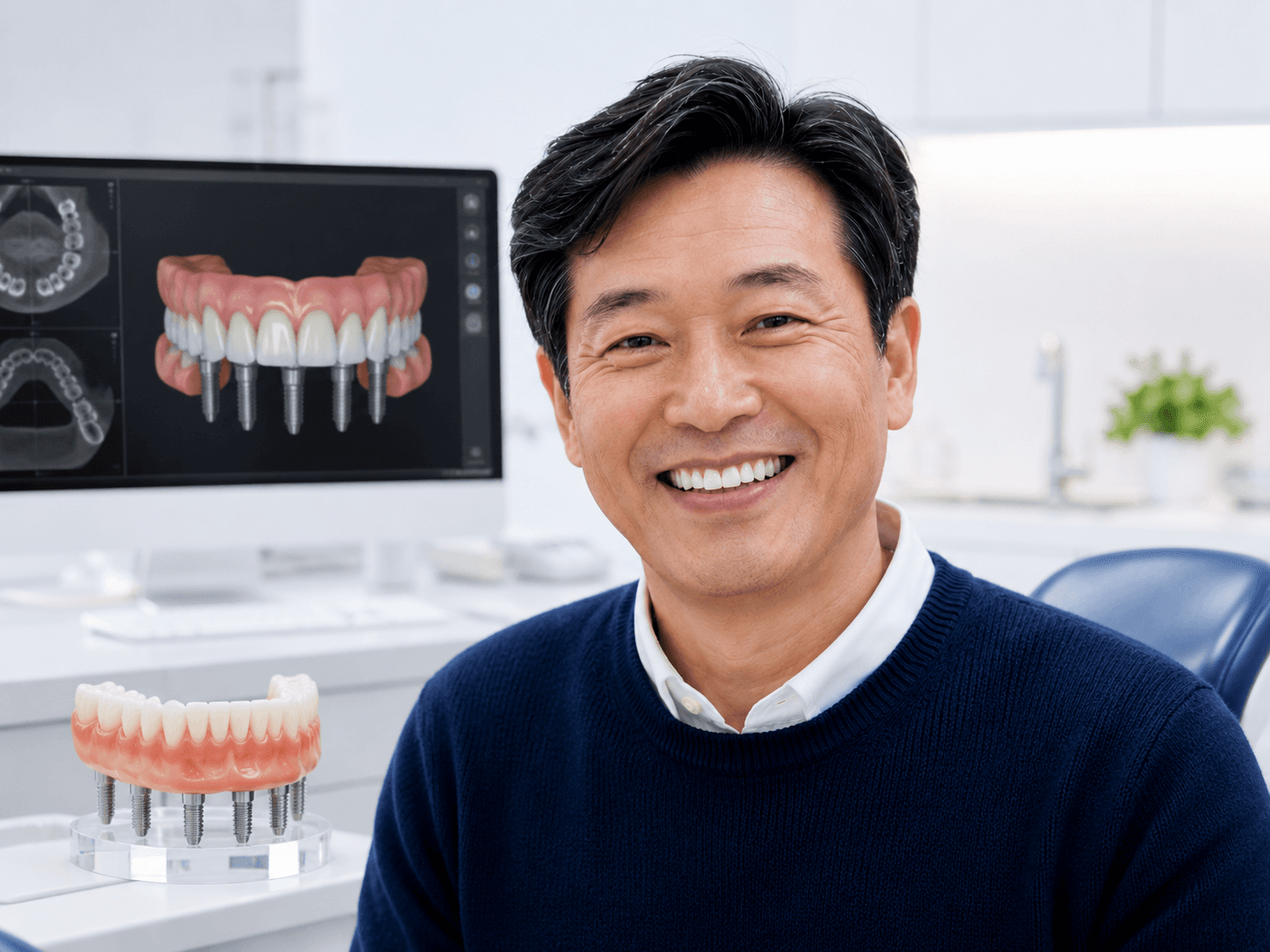 임플란트 틀니로 환하게 웃는 중년 남성 환자