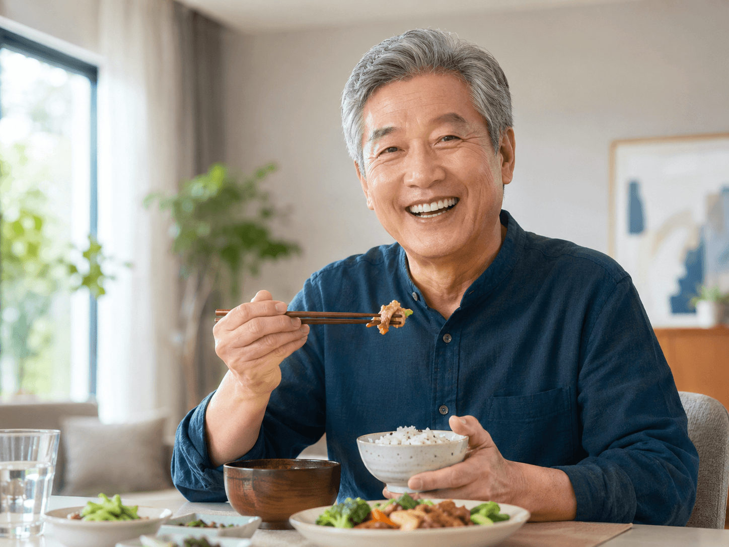 고정식 틀니로 편하게 식사하는 시니어 환자
