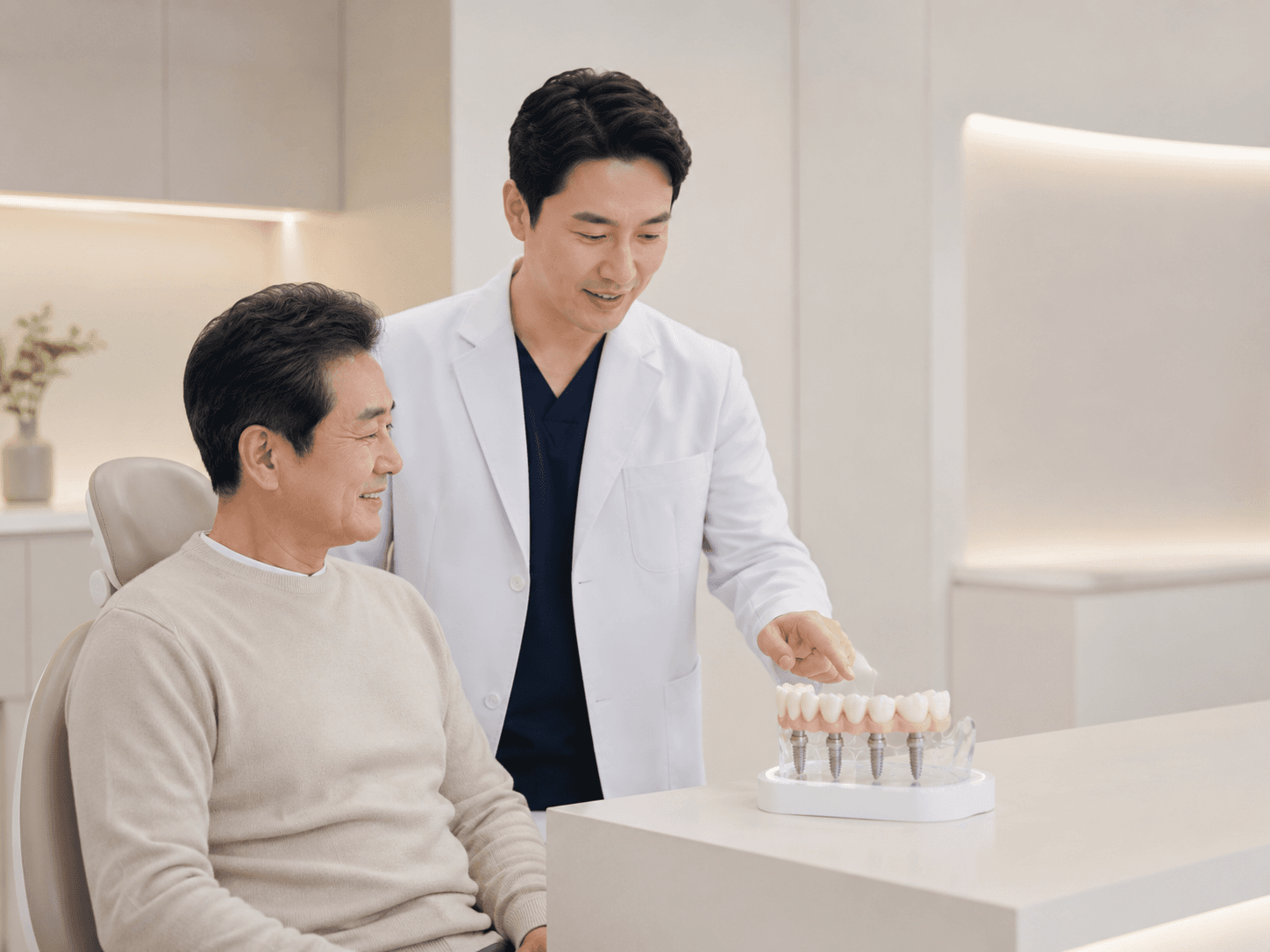 의료진이 환자에게 전체임플란트를 설명하는 모습