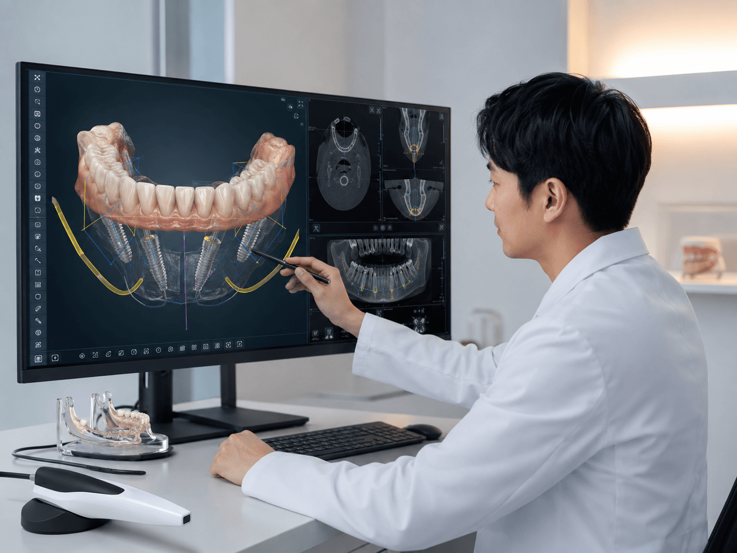 의료진이 3D CT로 임플란트 식립 위치를 디지털 설계하는 모습