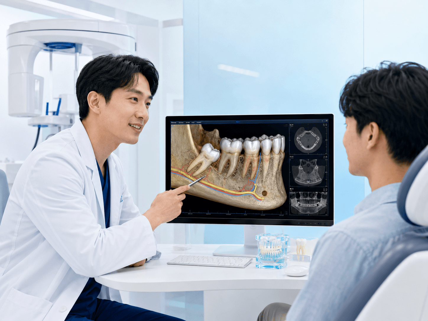 3D CT 정밀진단으로 사랑니를 설명하는 모습